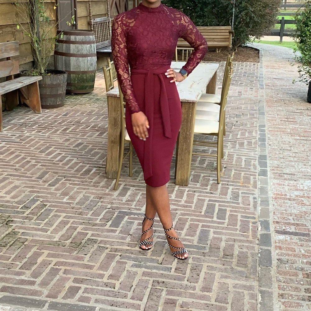 High neck long sleeve lace midi dress
